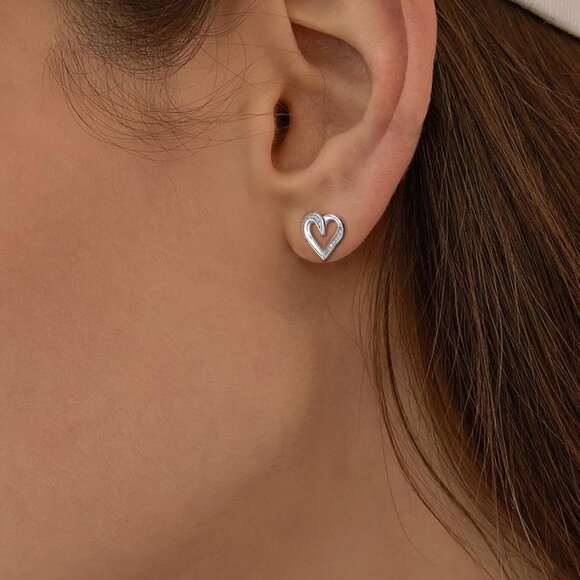 Heart Shaped Sterling Silver Cubic Zirconia Stud Earrings for Women - Hypoallerg - Picture 3 of 6